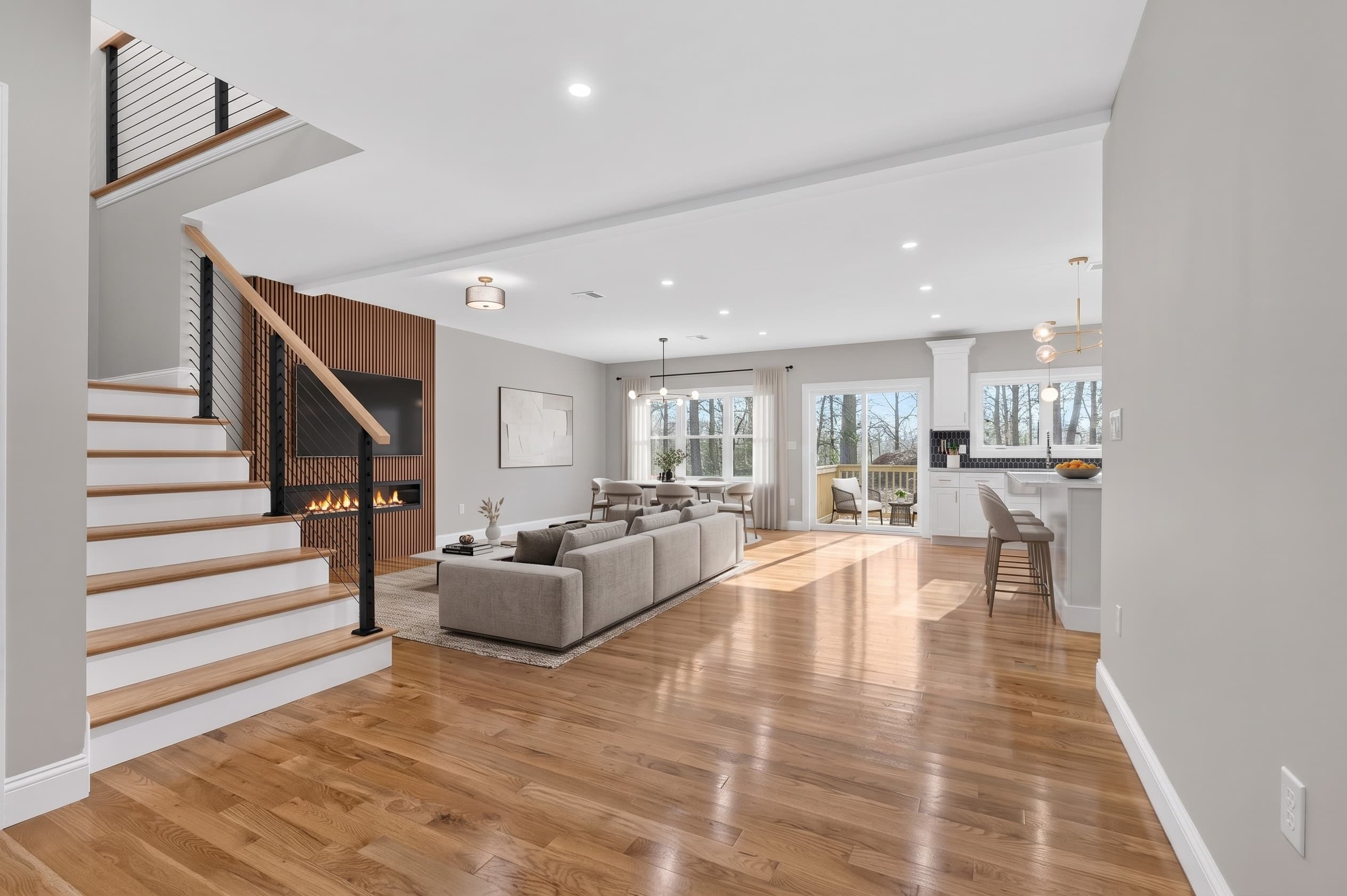 Living room with fireplace feature wall